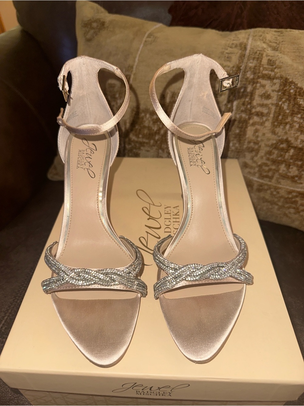 Blush Rose Gold Crystal-Embellished Ankle Strap Heels